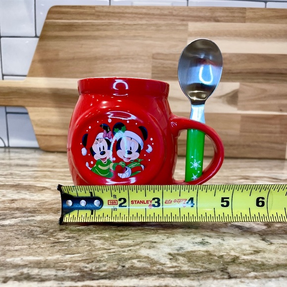 Disney Mickey & Minnie Mouse Red Christmas Mug Coffee Tea Cocoa & Green Spoon - Picture 10 of 11